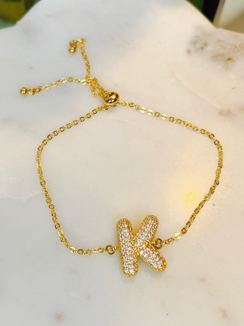 18k yellow gold CZ Pave K letter bolo adjustable bracelet stainless plated - Picture 1 of 4